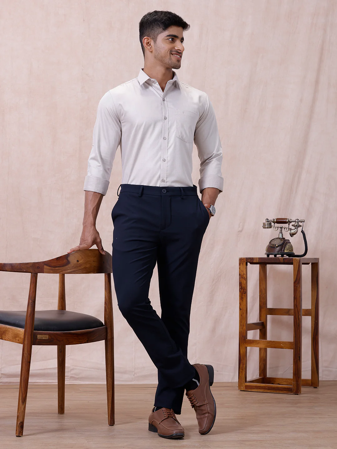 Men Cotton Rich Shirt LT Beige Grey T61 AKT5 - Image 9