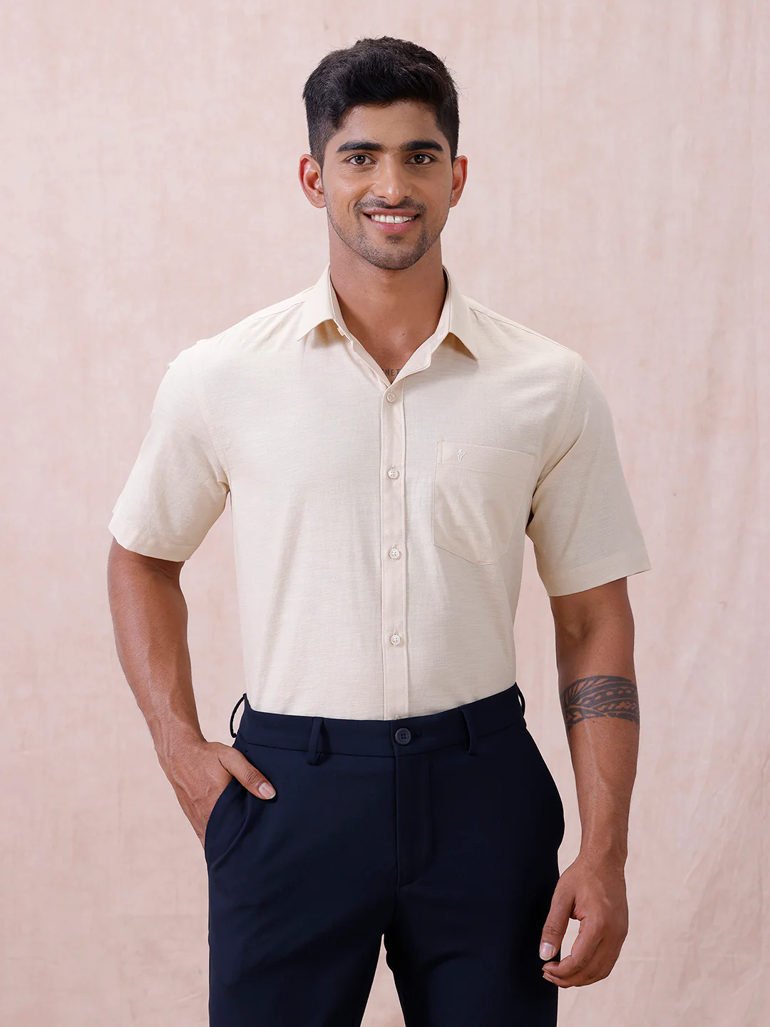 Men Cotton Rich Shirt LT Beige T64 ANT6 - Image 2