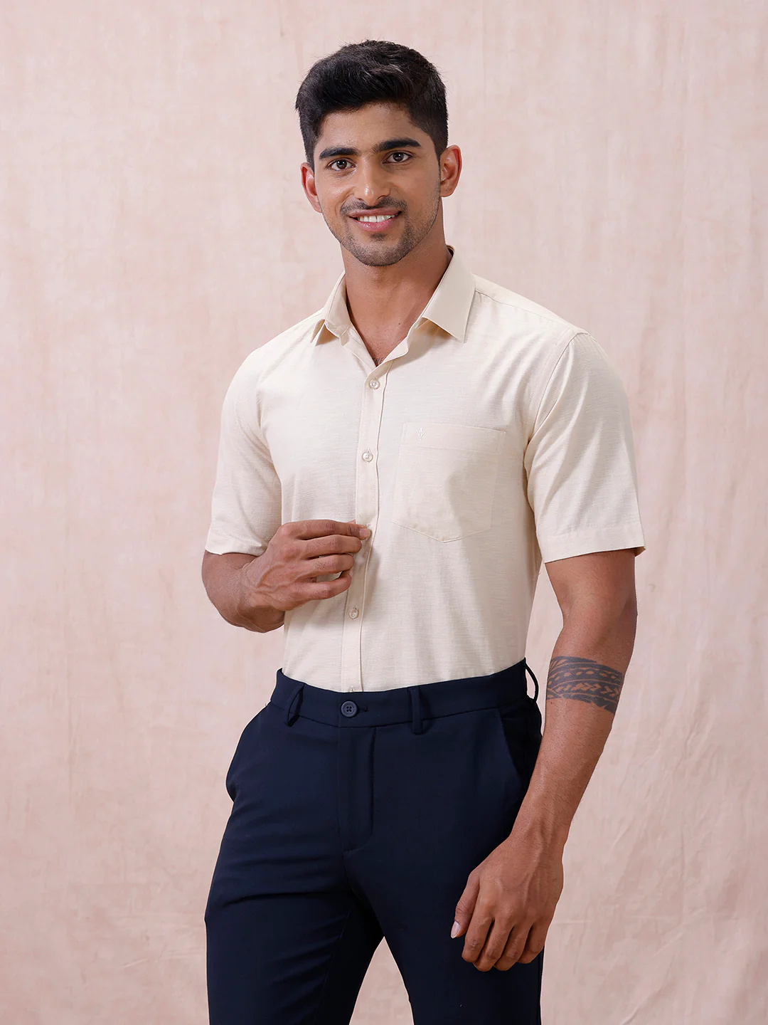 Men Cotton Rich Shirt LT Beige T64 ANT6 - Image 4