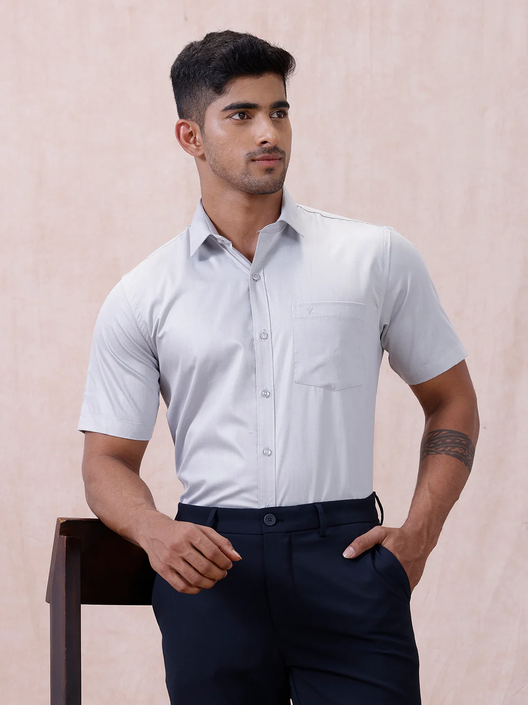Men Cotton Rich Shirt LT Blue Grey T61 AKT6 - Image 2
