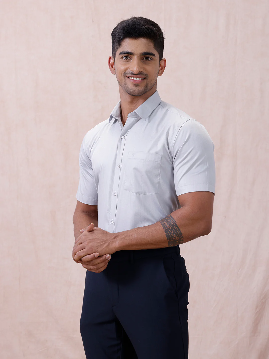 Men Cotton Rich Shirt LT Blue Grey T61 AKT6 - Image 6