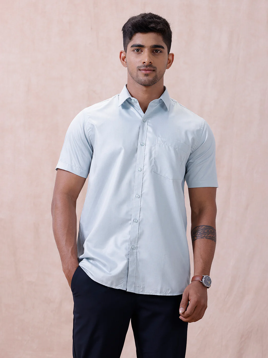 Men Cotton Rich Shirt LT Teal Blue T61 AKT4 - Image 2