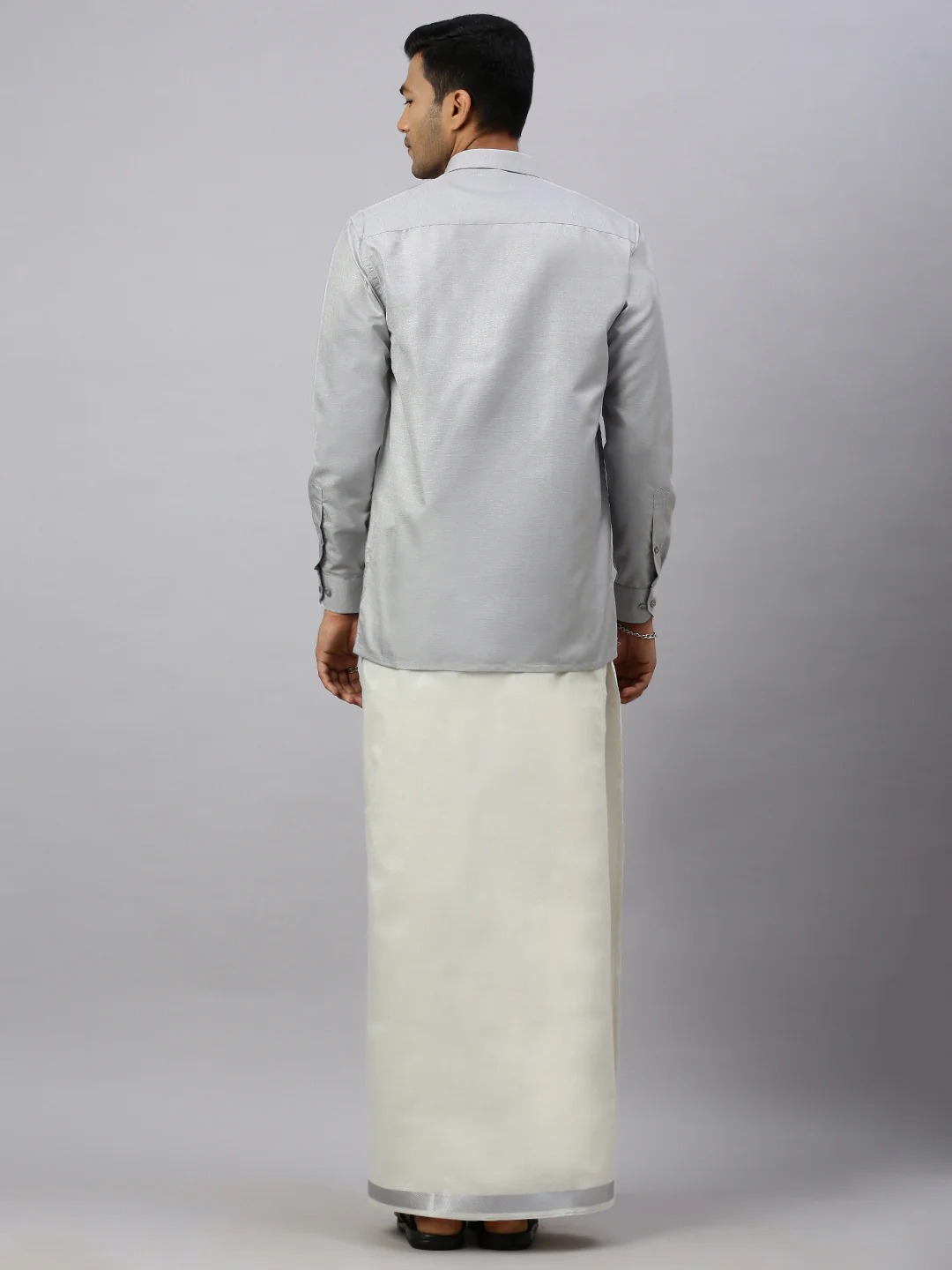 Men Cotton Rich Silver Shirt and Tissue Dhoti Set Glossy - Image 2