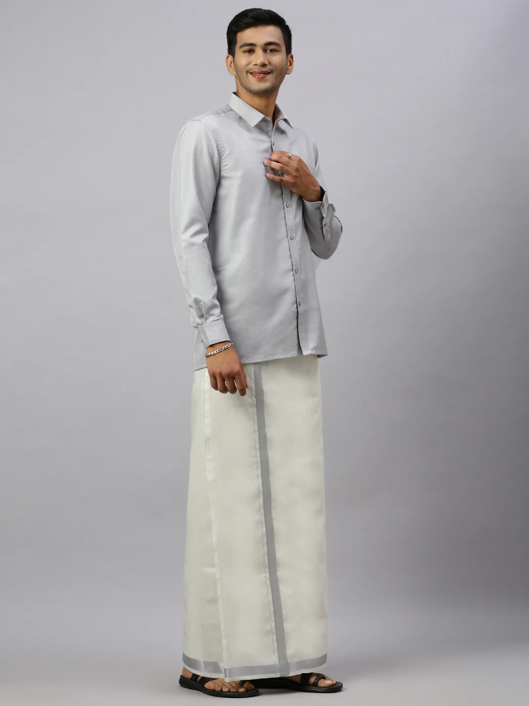Men Cotton Rich Silver Shirt and Tissue Dhoti Set Glossy - Image 3
