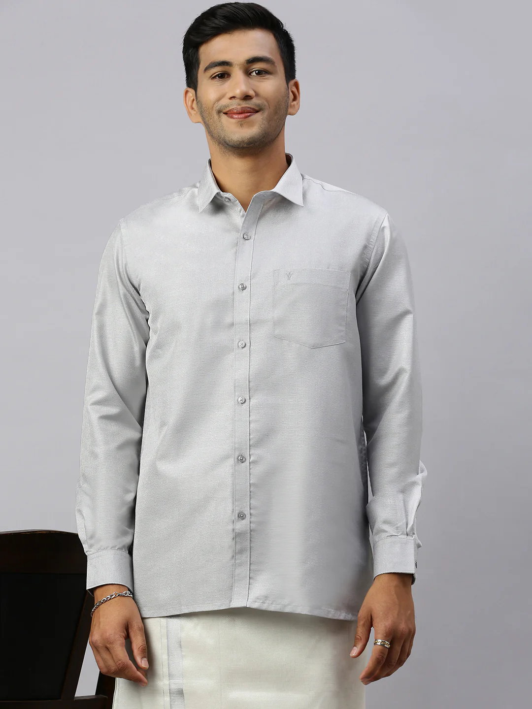 Men Cotton Rich Silver Shirt and Tissue Dhoti Set Glossy - Image 6