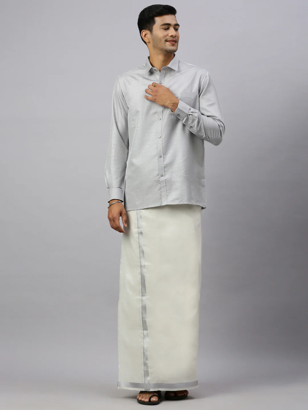 Men Cotton Rich Silver Shirt and Tissue Dhoti Set Glossy - Image 7