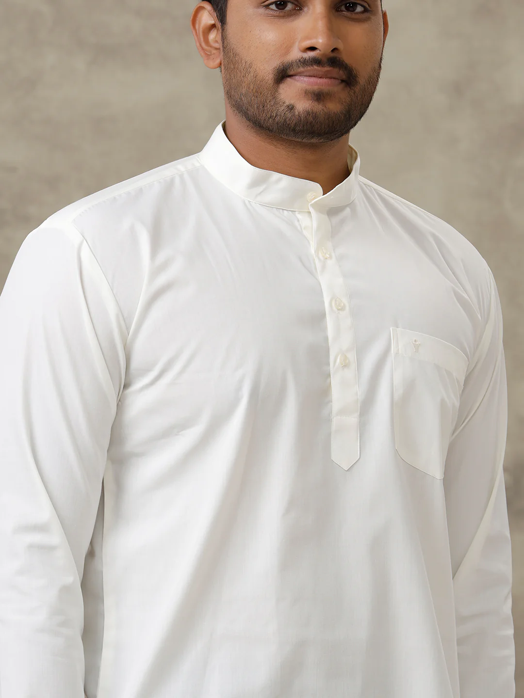 Men Cotton Short Length Plain Pocket Kurta Cream - Image 3