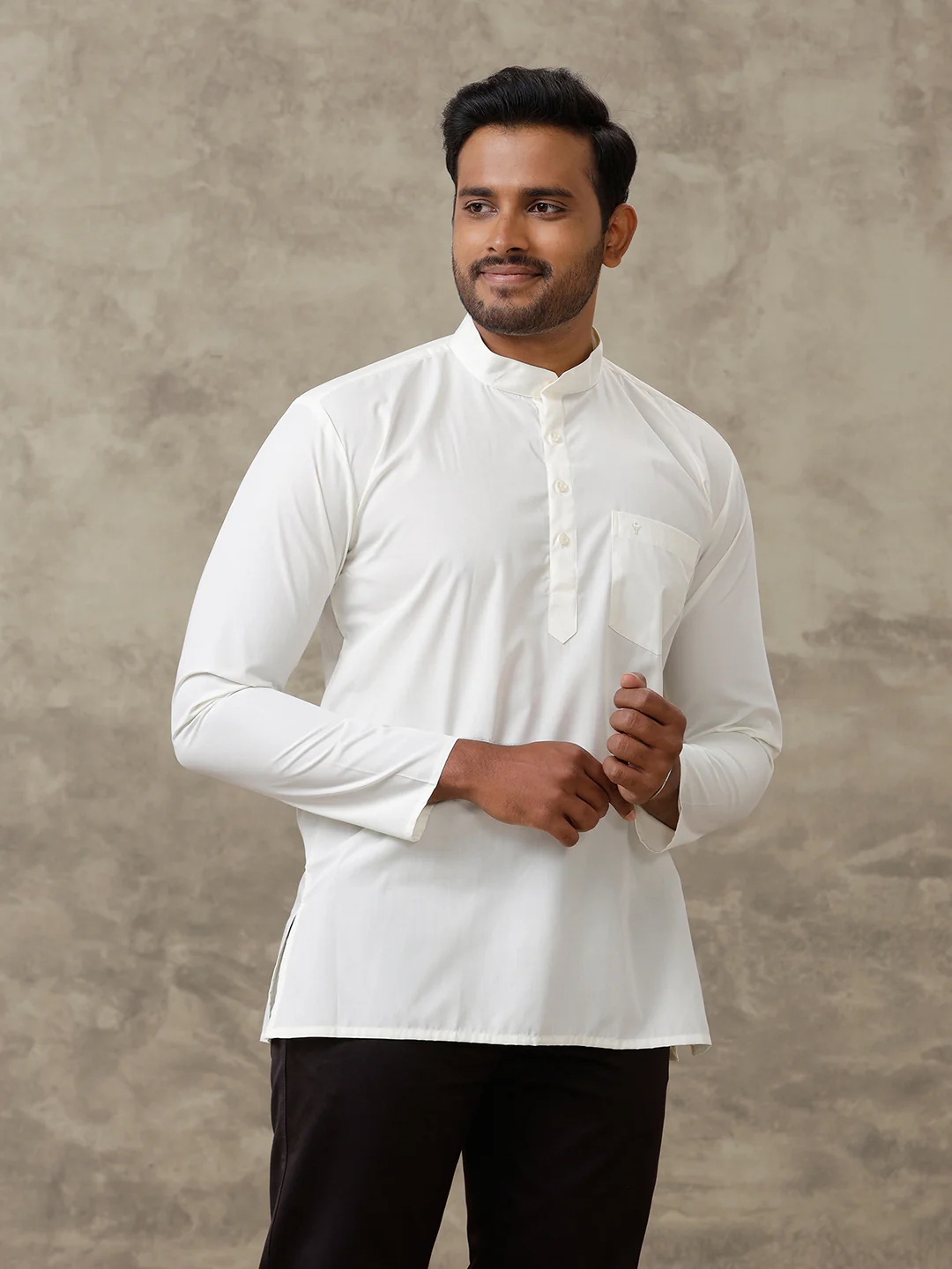 Men Cotton Short Length Plain Pocket Kurta Cream - Image 4