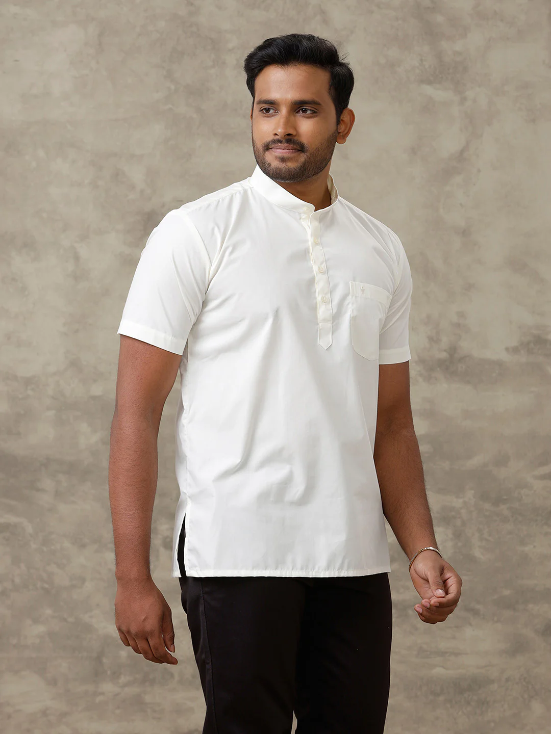 Men Cotton Short Length Plain Pocket Kurta Cream - Image 5