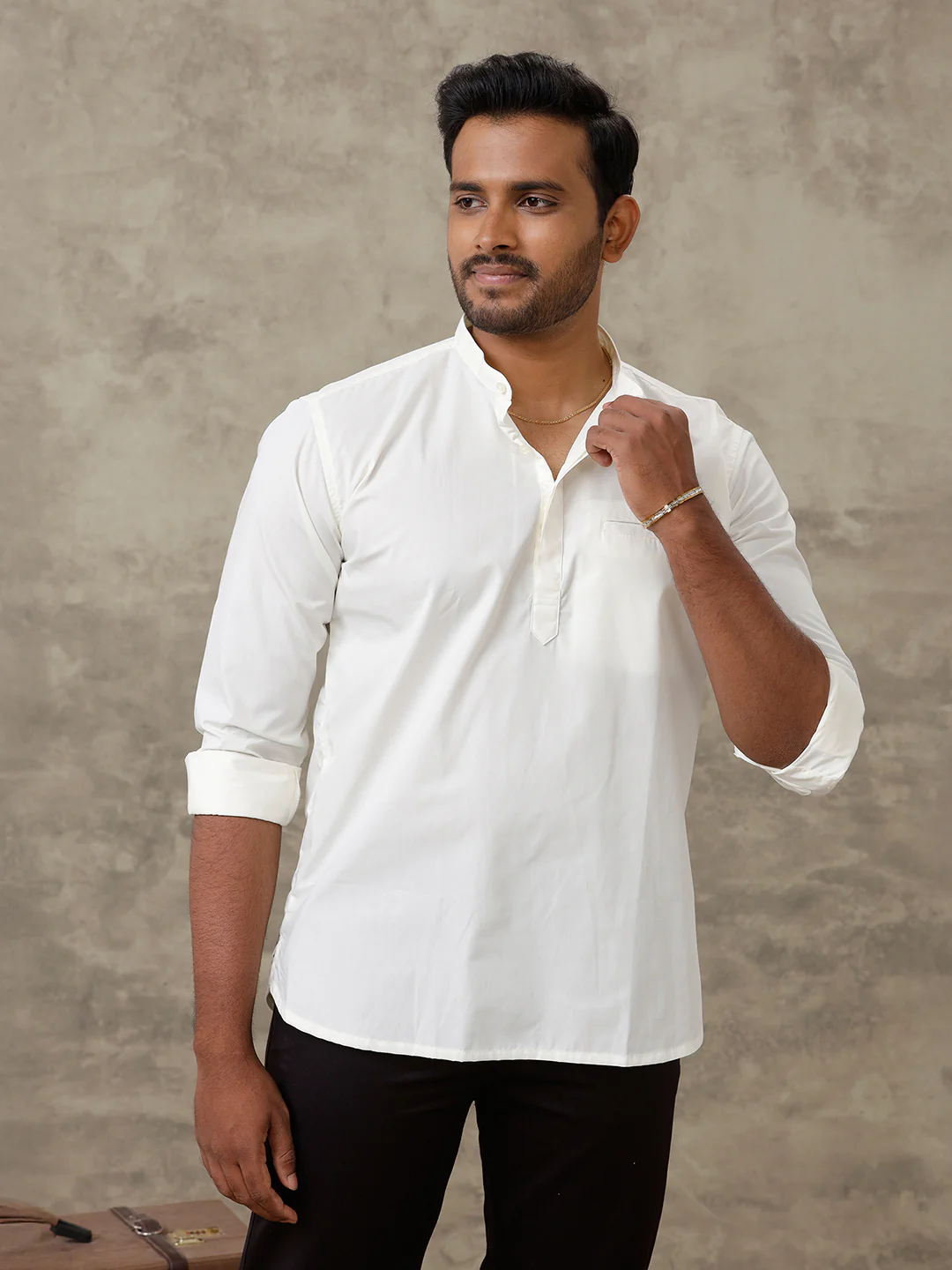 Men Cotton Short Length Plain Pocket Kurta Cream M16 - Image 3