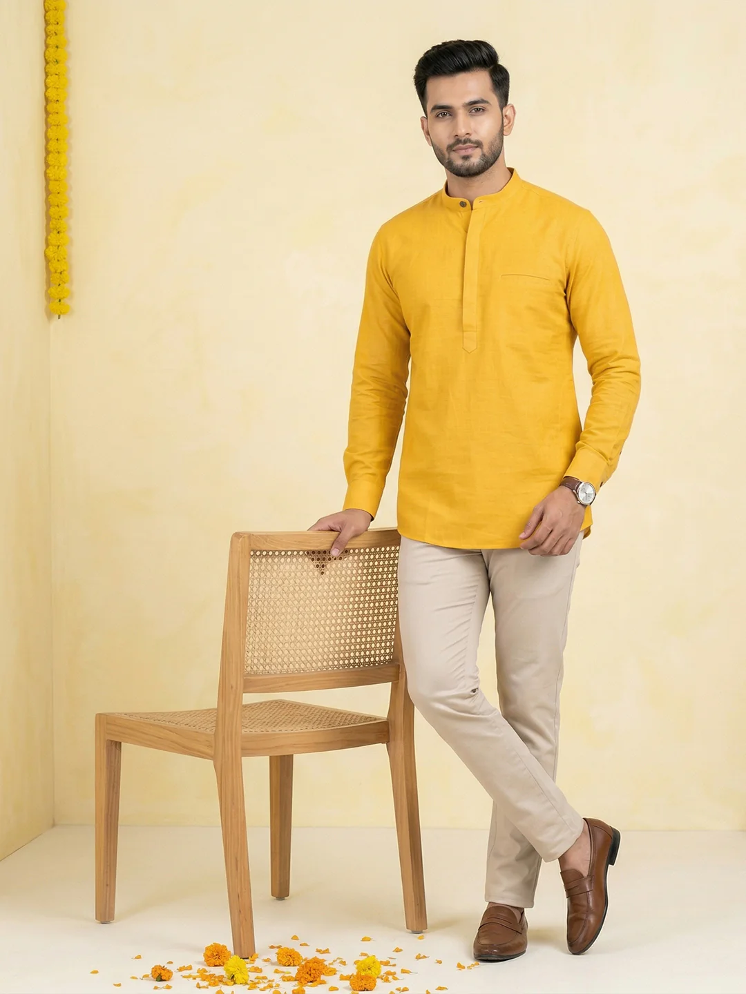 Men Cotton Short Length Plain Pocket Kurta Orangy Yellow Y24 - Image 2