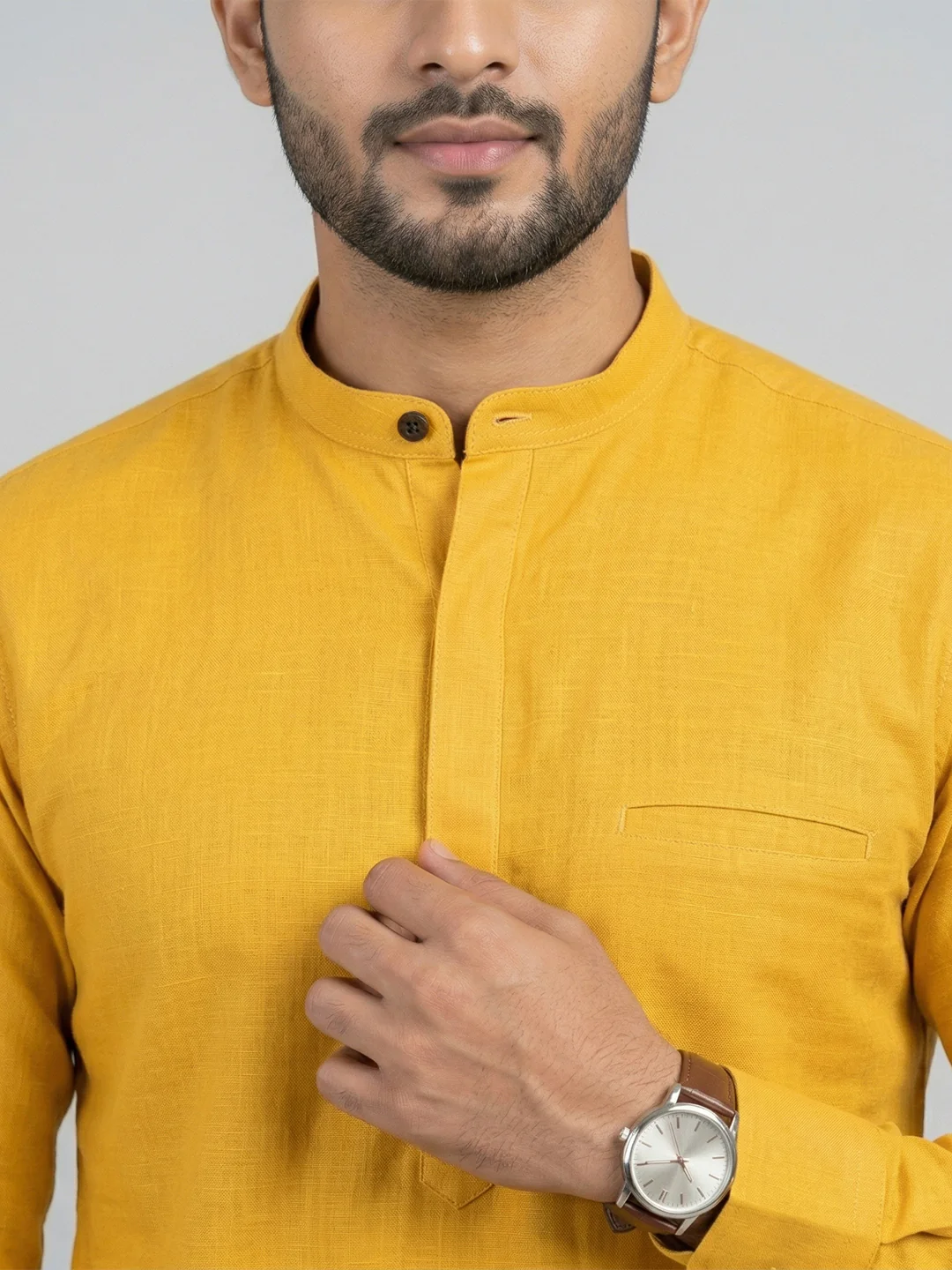 Men Cotton Short Length Plain Pocket Kurta Orangy Yellow Y24 - Image 3