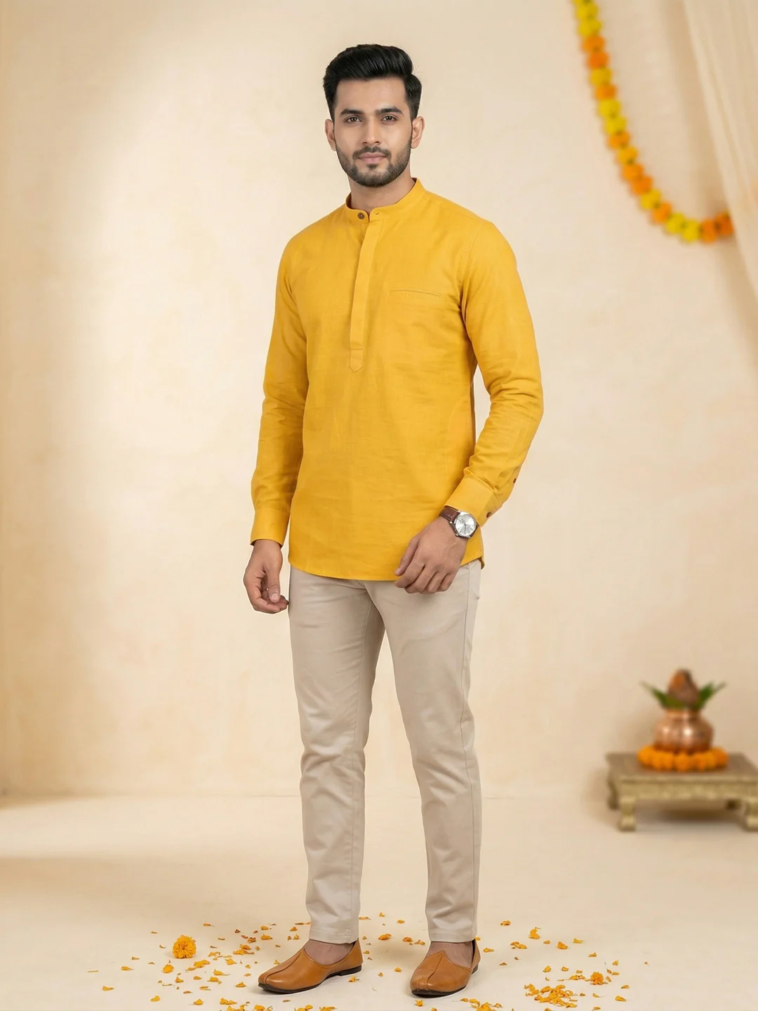 Men Cotton Short Length Plain Pocket Kurta Orangy Yellow Y24 - Image 6