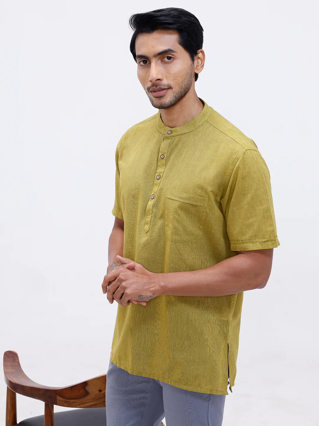 Men Cotton Short Length Plain Pocket Kurta Pale Green PC26 - Image 2