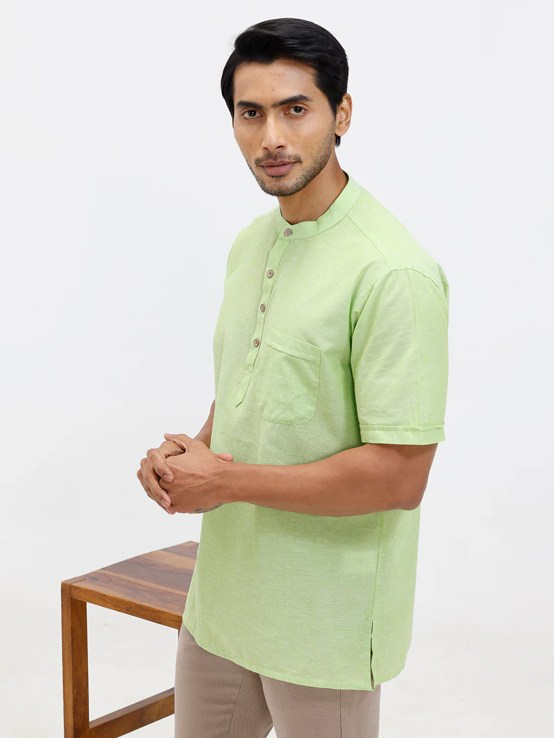 Men Cotton Short Length Plain Pocket Kurta Pale Green PC27 - Image 2