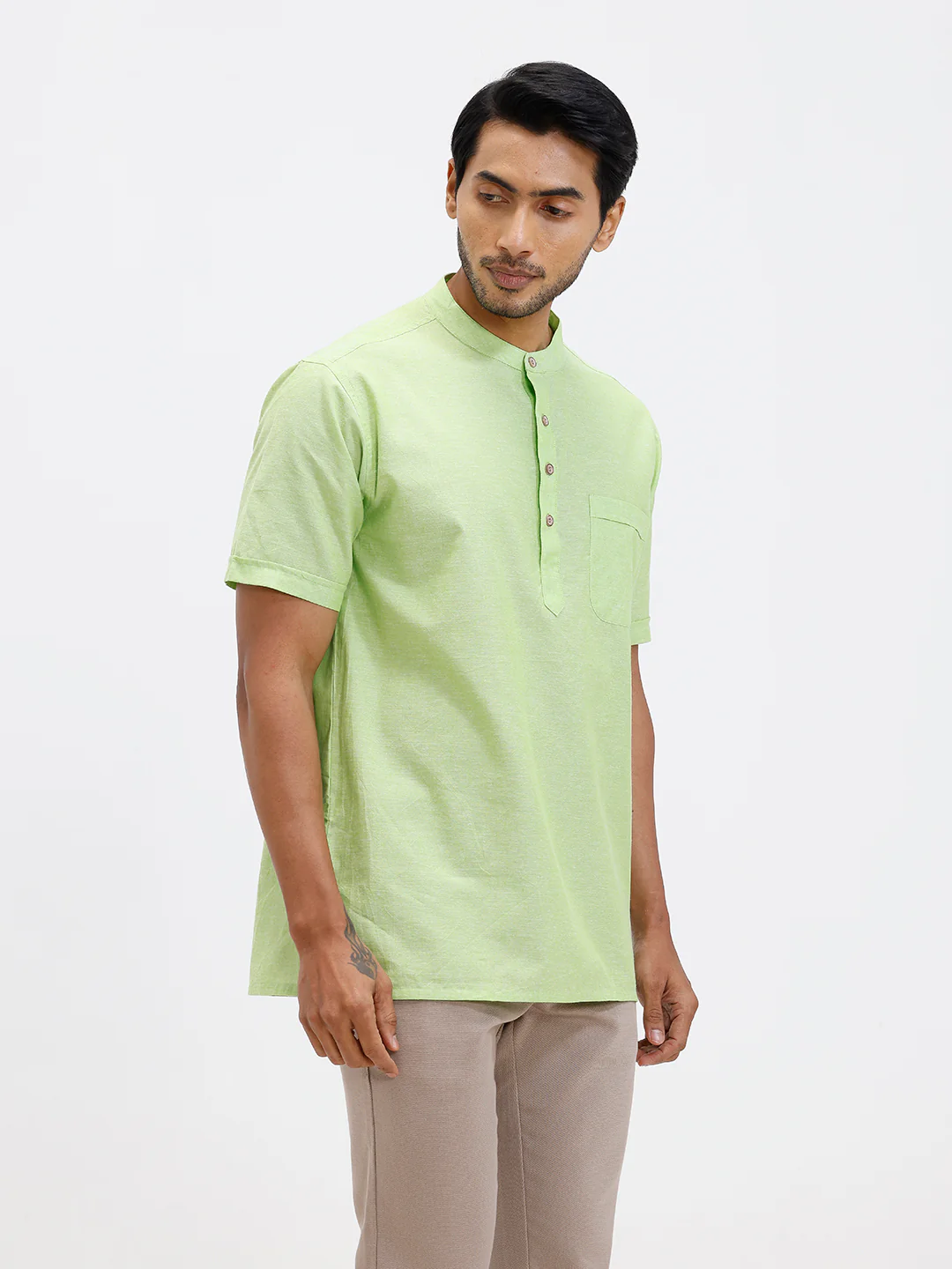 Men Cotton Short Length Plain Pocket Kurta Pale Green PC27 - Image 4
