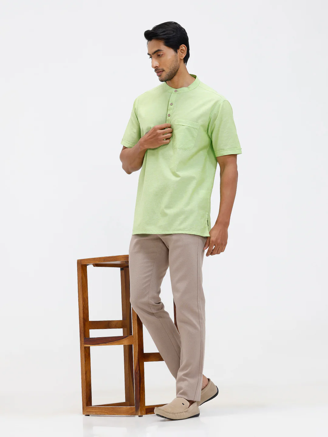 Men Cotton Short Length Plain Pocket Kurta Pale Green PC27 - Image 7