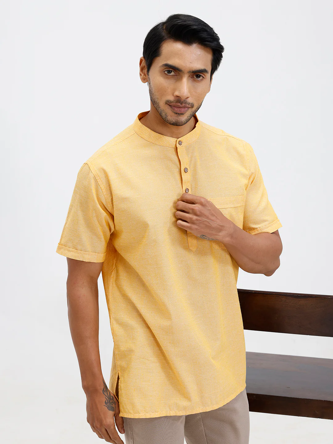 Men Cotton Short Length Plain Pocket Kurta Pale Orange PC31 - Image 2