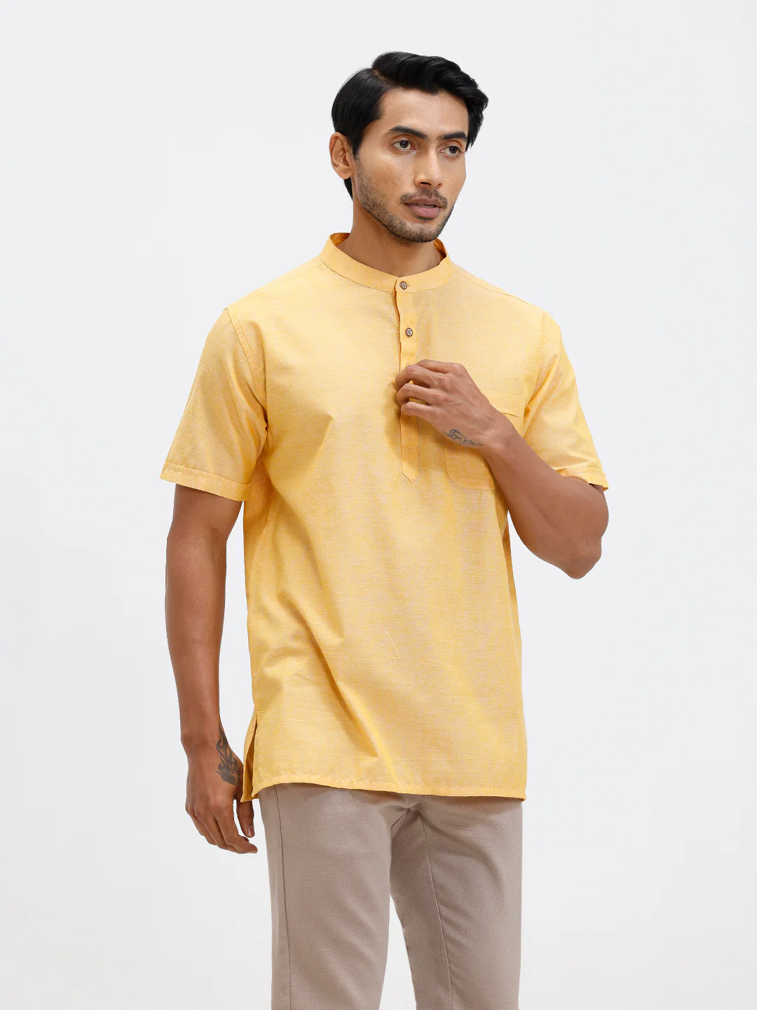 Men Cotton Short Length Plain Pocket Kurta Pale Orange PC31 - Image 4