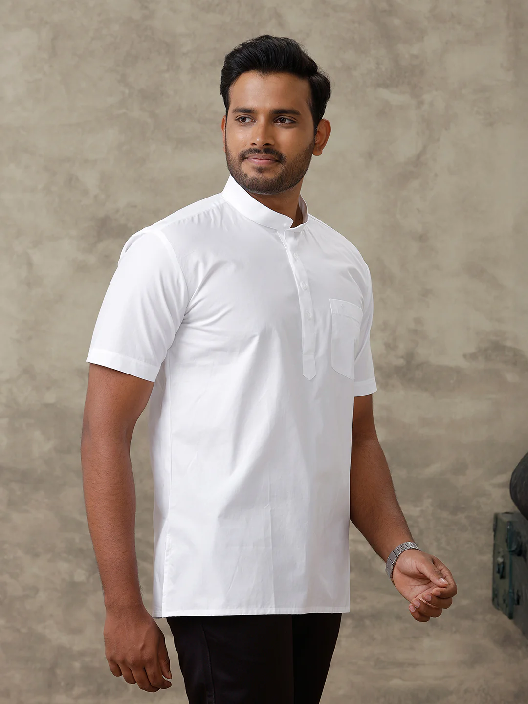 Men Cotton Short Length Plain Pocket Kurta White - Image 3