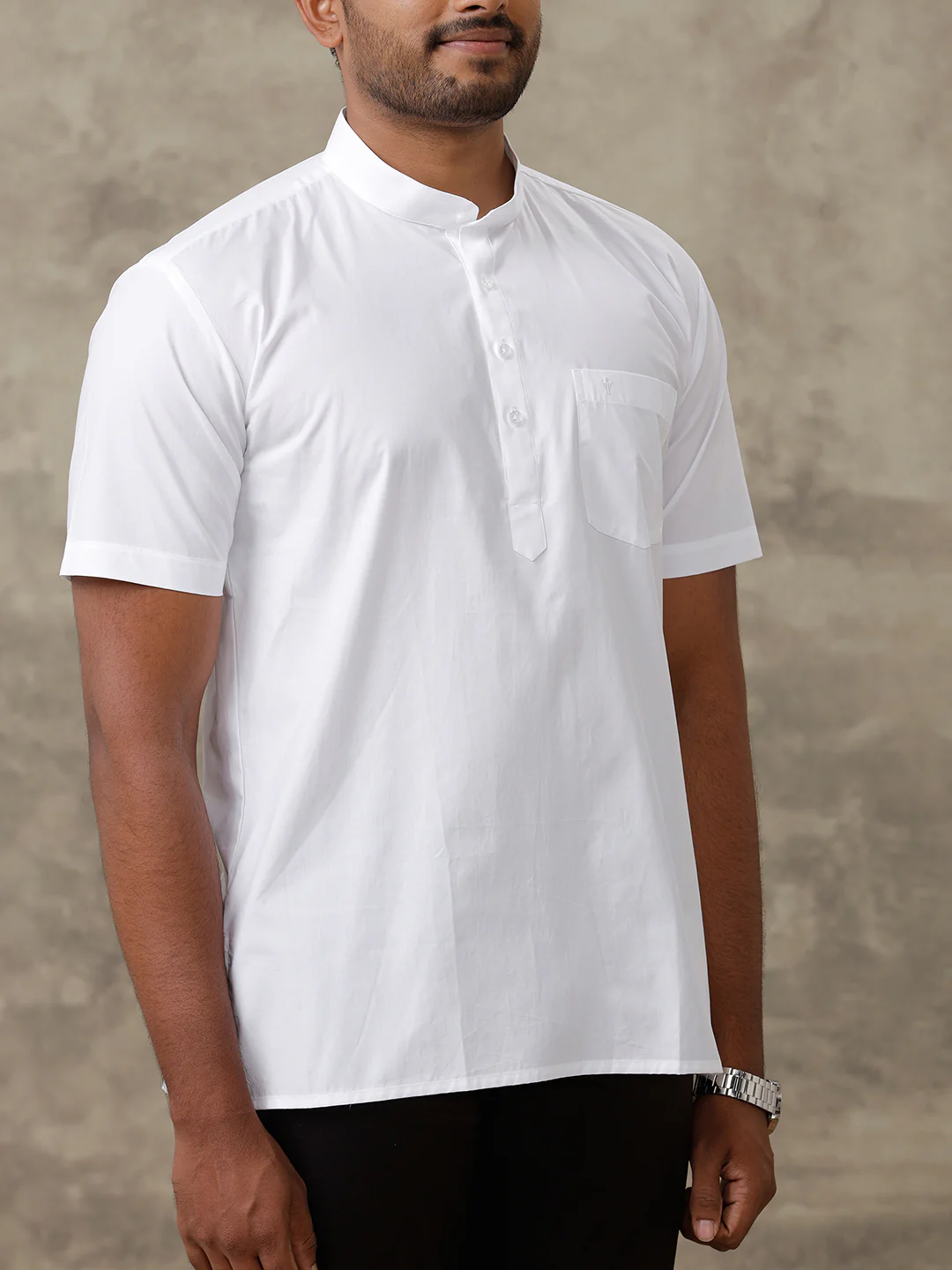 Men Cotton Short Length Plain Pocket Kurta White - Image 4