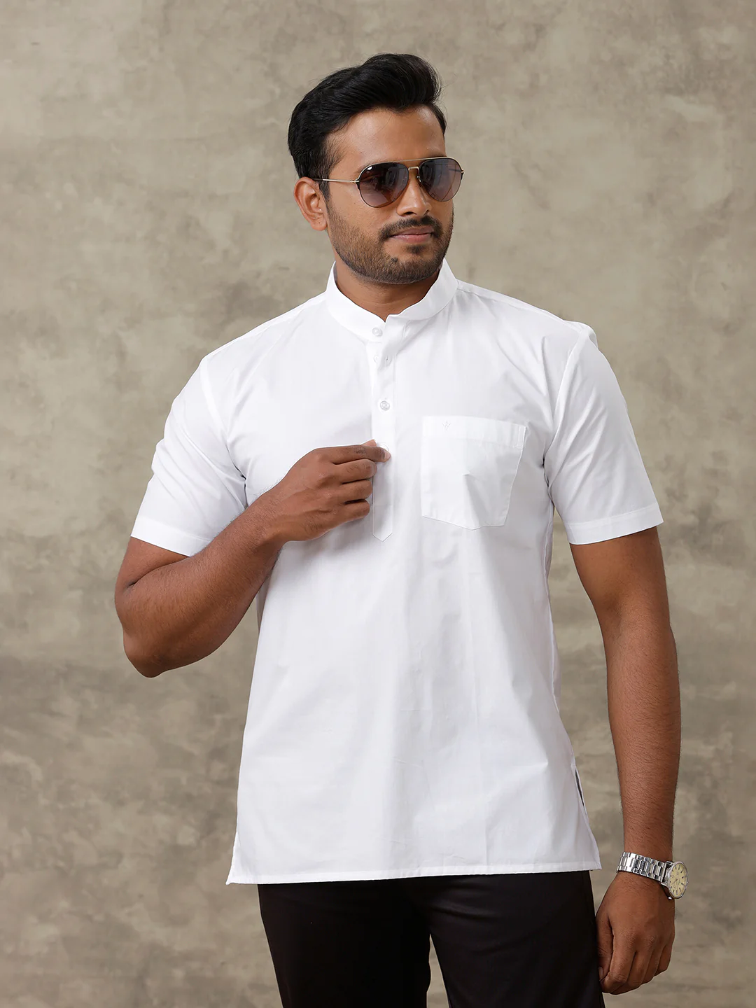 Men Cotton Short Length Plain Pocket Kurta White - Image 5