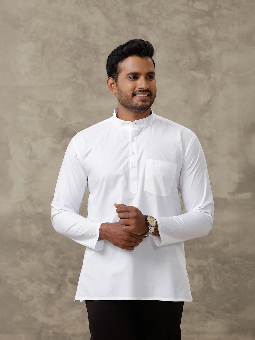 Men Cotton Short Length Plain Pocket Kurta White