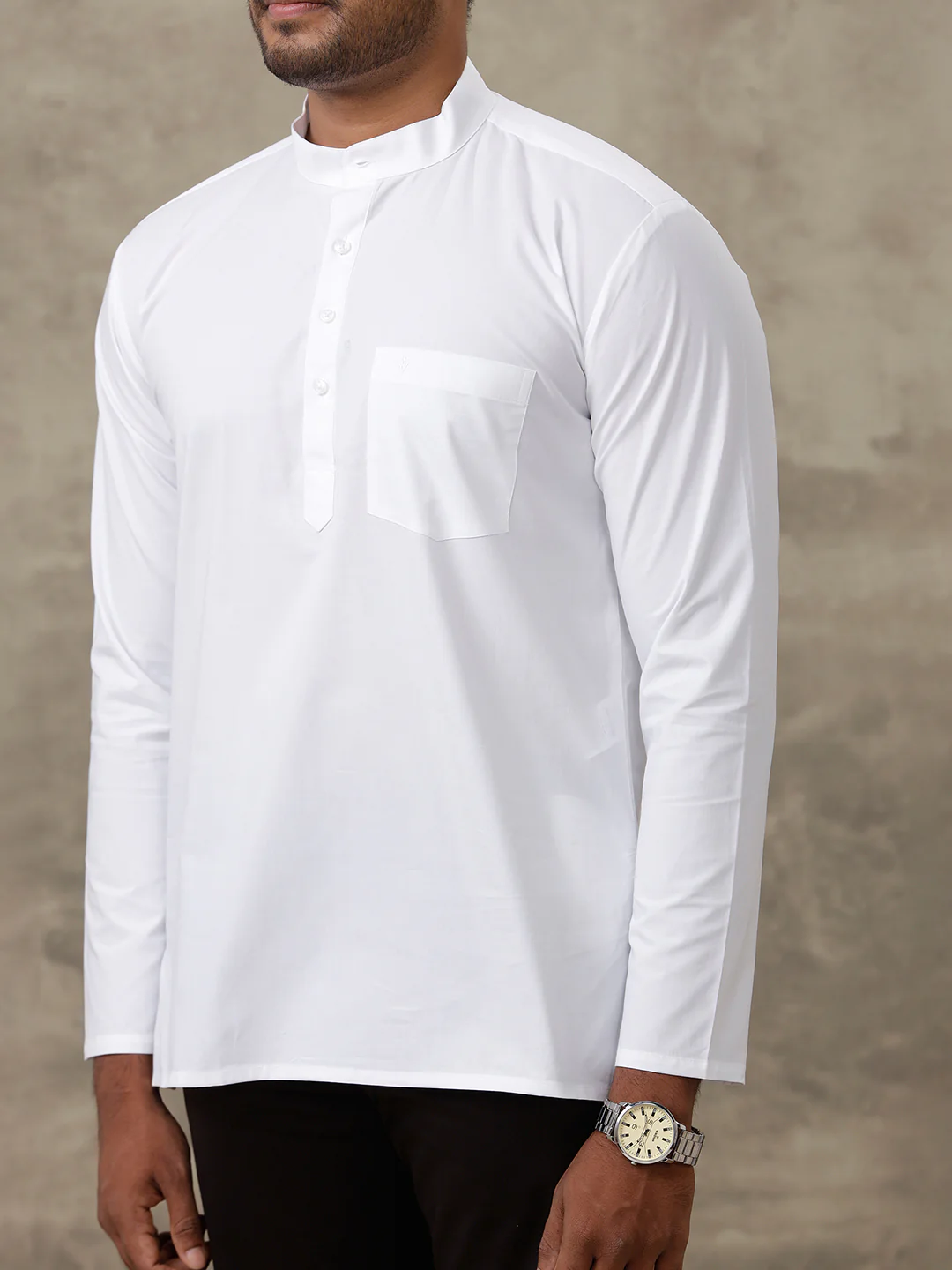 Men Cotton Short Length Plain Pocket Kurta White - Image 4