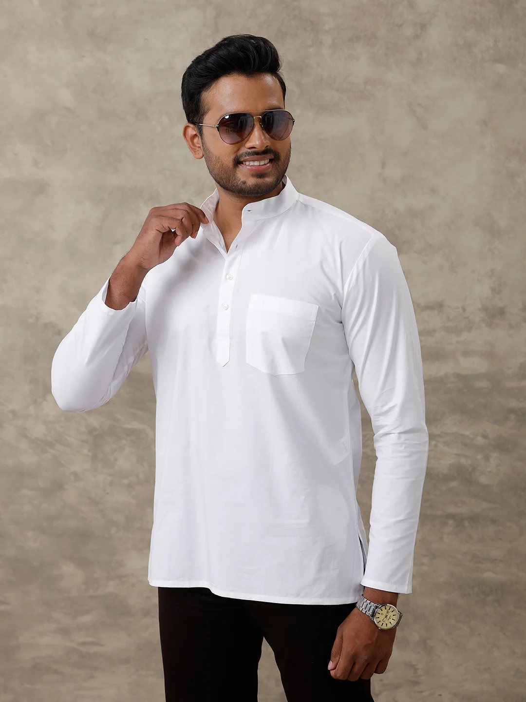 Men Cotton Short Length Plain Pocket Kurta White - Image 5