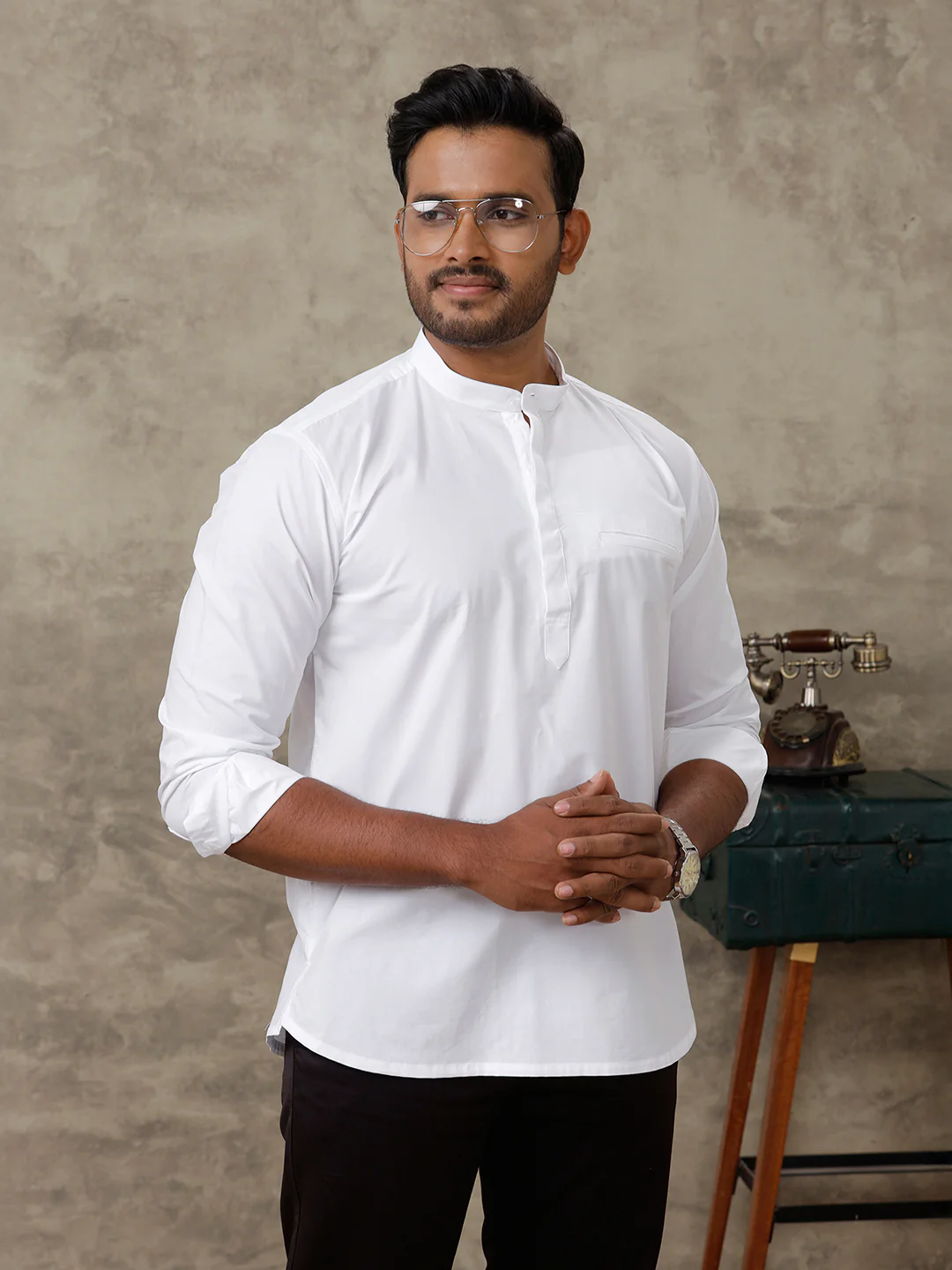 Men Cotton Short Length Plain Pocket Kurta White M16 - Image 5