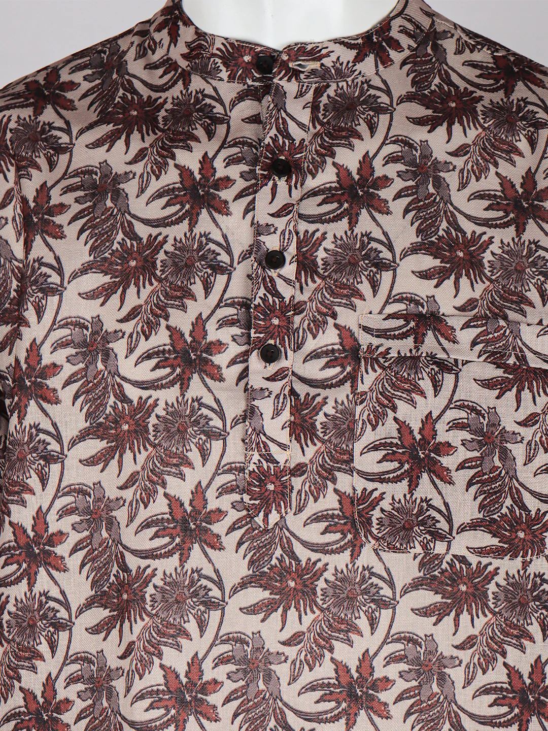 Men Cotton Short Length Printed Pocket Kurta Brown Leaf RI02 - Image 2