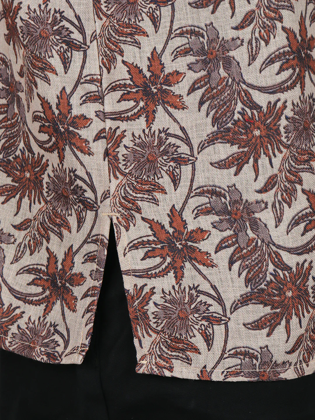 Men Cotton Short Length Printed Pocket Kurta Brown Leaf RI02 - Image 3