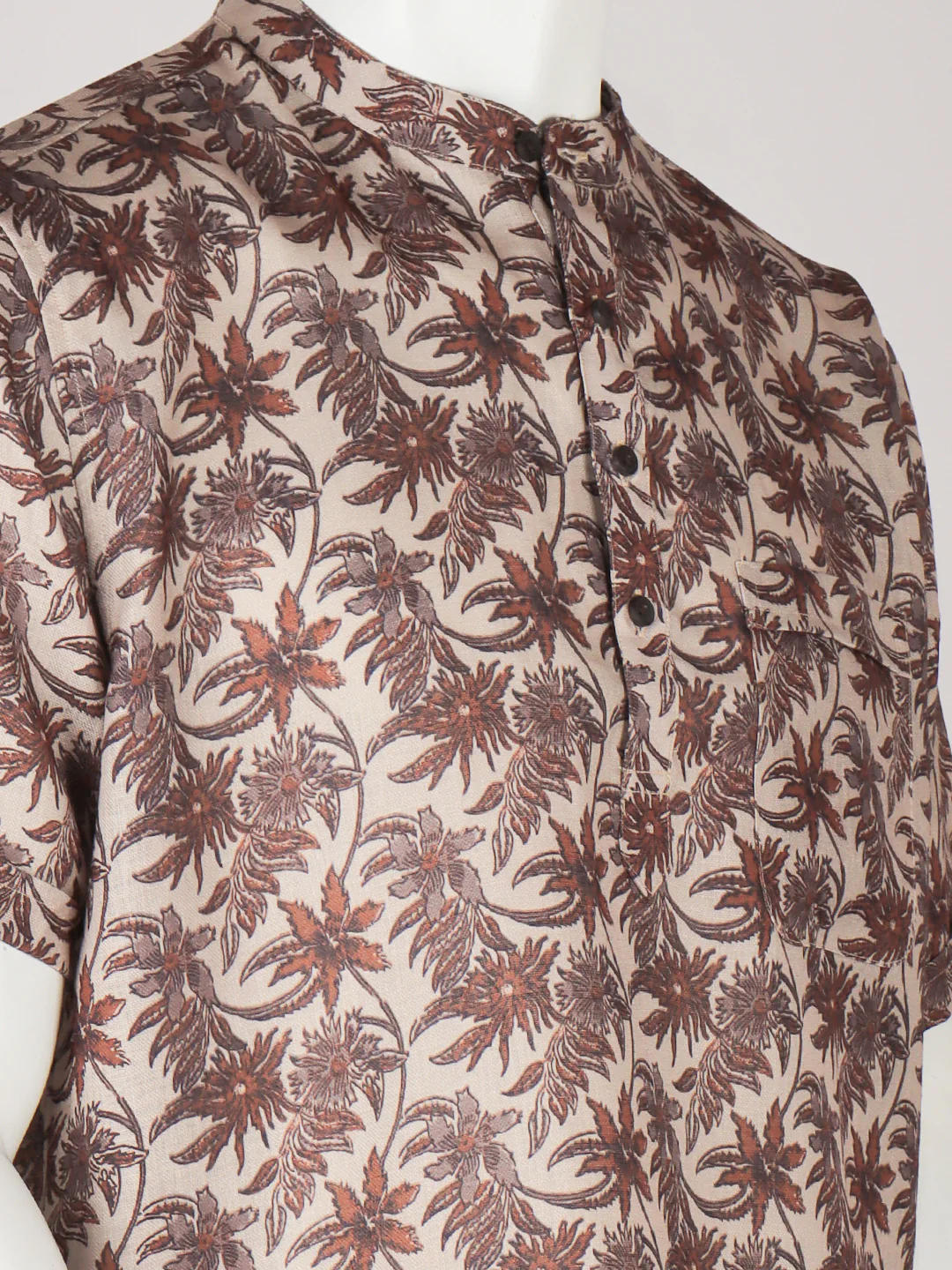 Men Cotton Short Length Printed Pocket Kurta Brown Leaf RI02 - Image 4