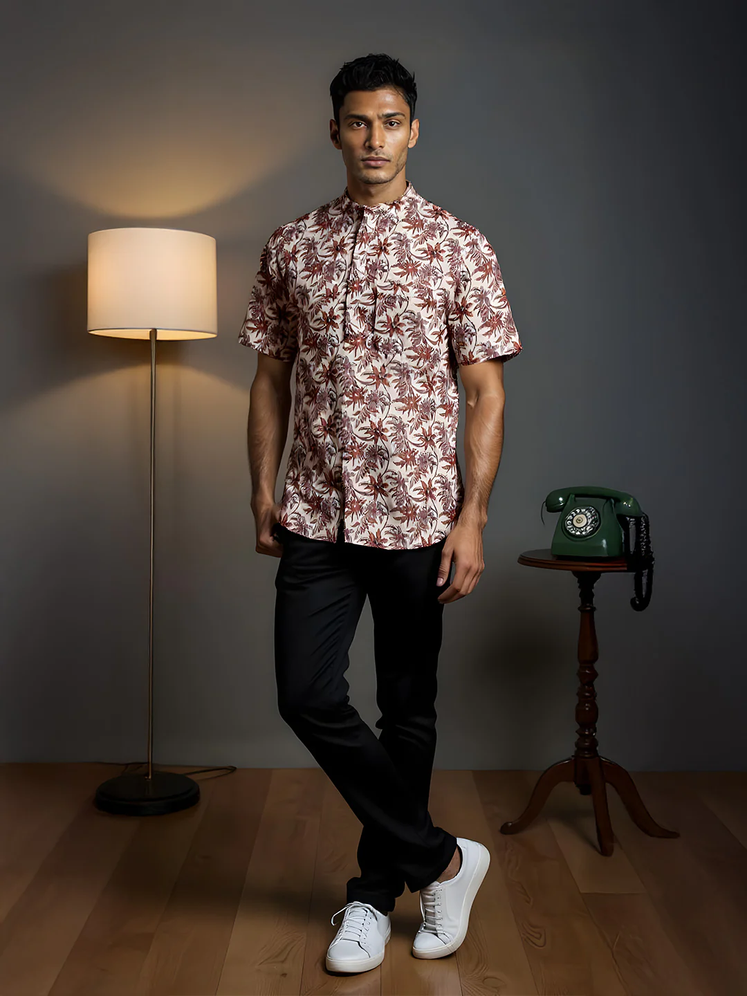 Men Cotton Short Length Printed Pocket Kurta Brown Leaf RI02 - Image 5
