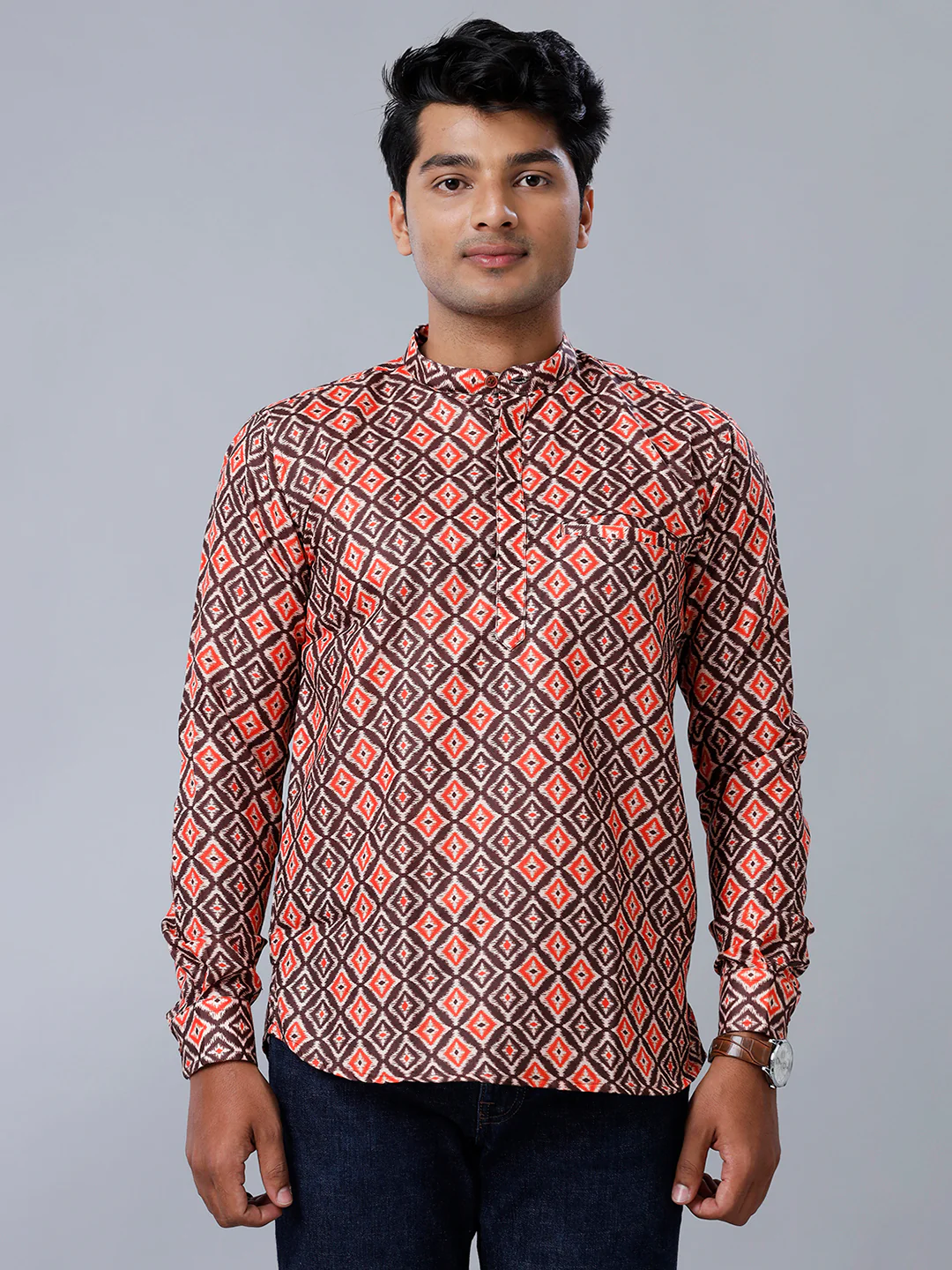 Men Cotton Short Length Printed Pocket Kurta Brown RB4
