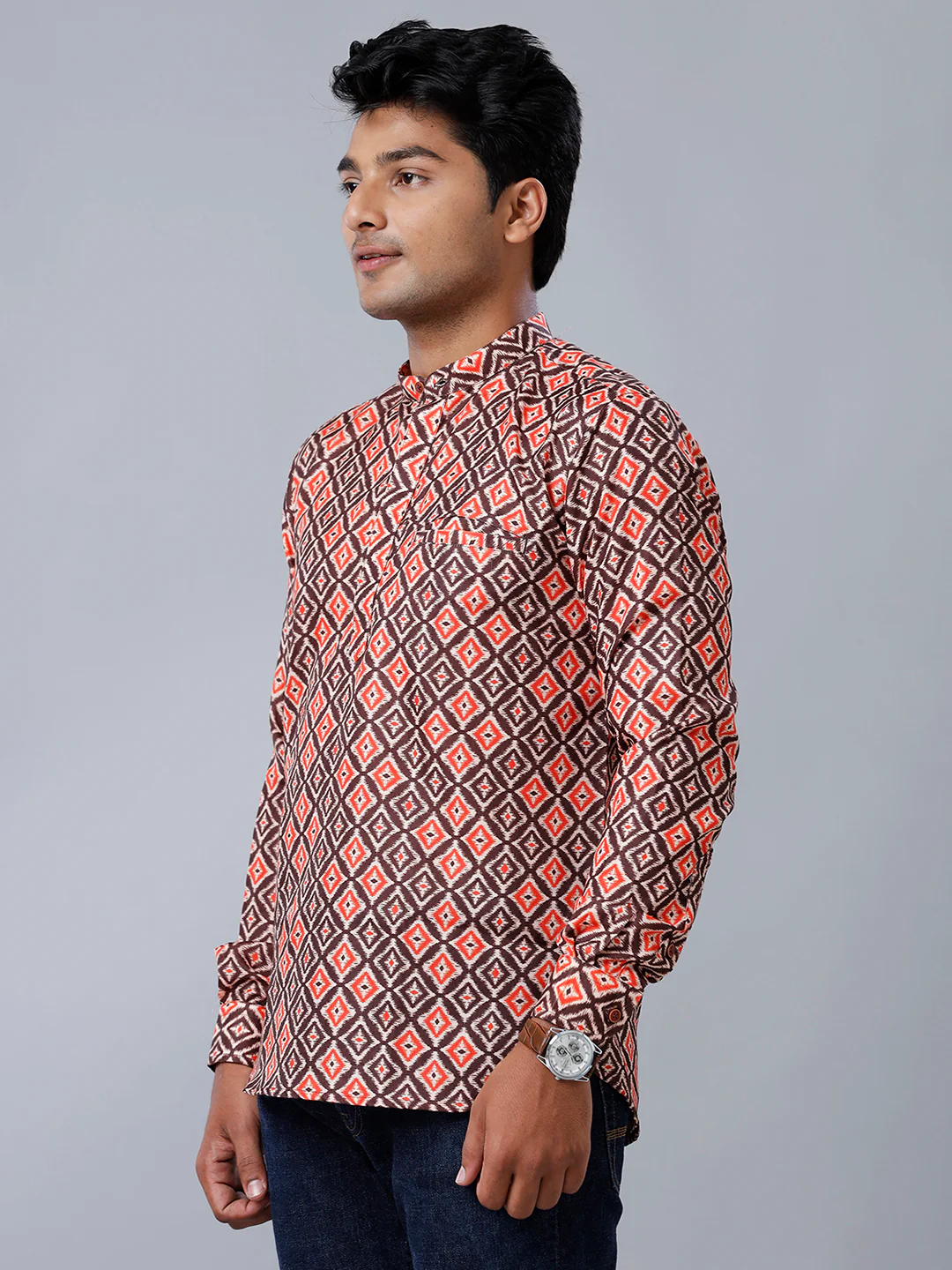 Men Cotton Short Length Printed Pocket Kurta Brown RB4 - Image 2