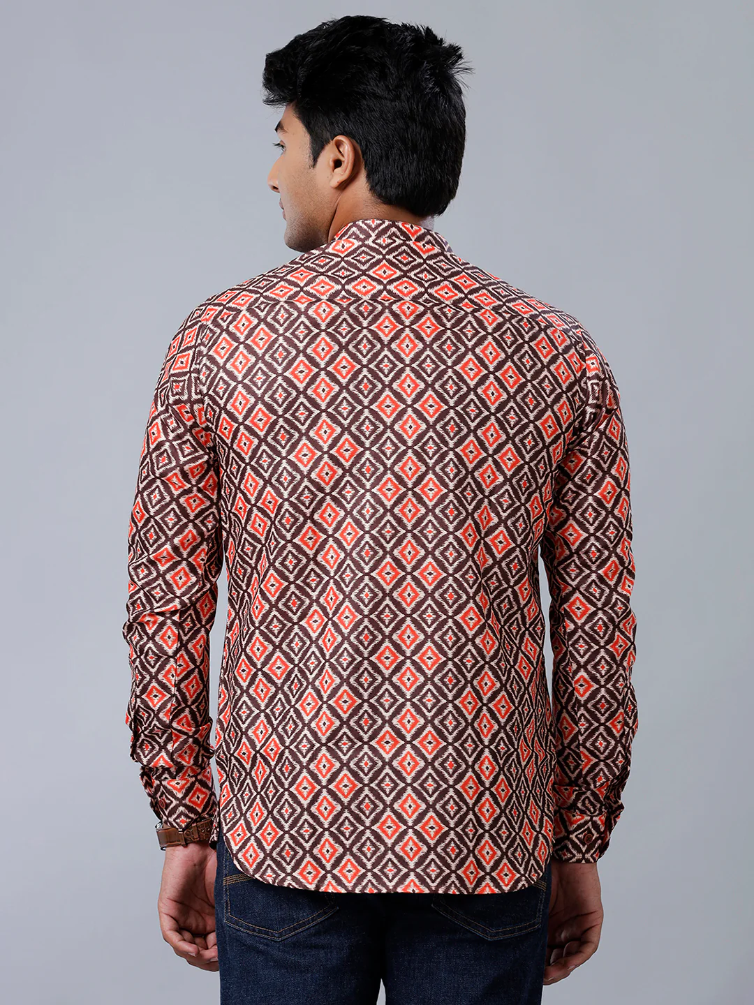 Men Cotton Short Length Printed Pocket Kurta Brown RB4 - Image 3
