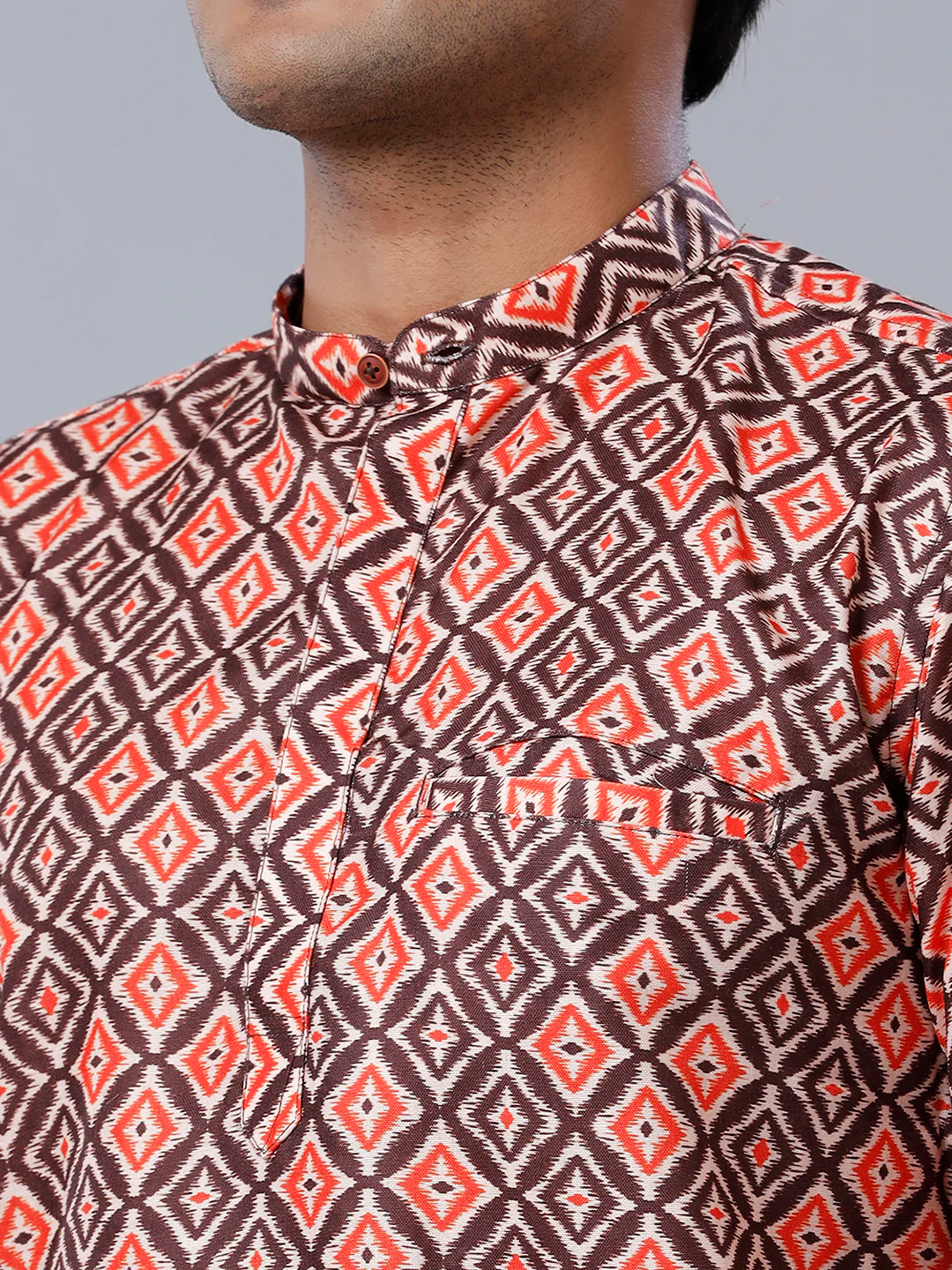 Men Cotton Short Length Printed Pocket Kurta Brown RB4 - Image 4