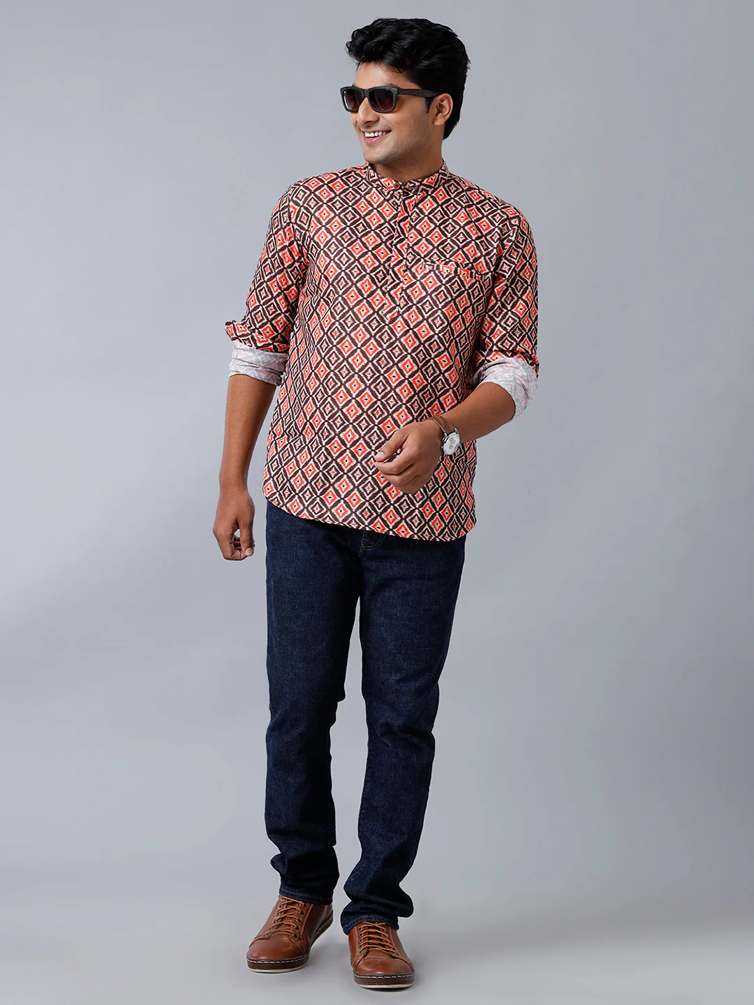 Men Cotton Short Length Printed Pocket Kurta Brown RB4 - Image 5