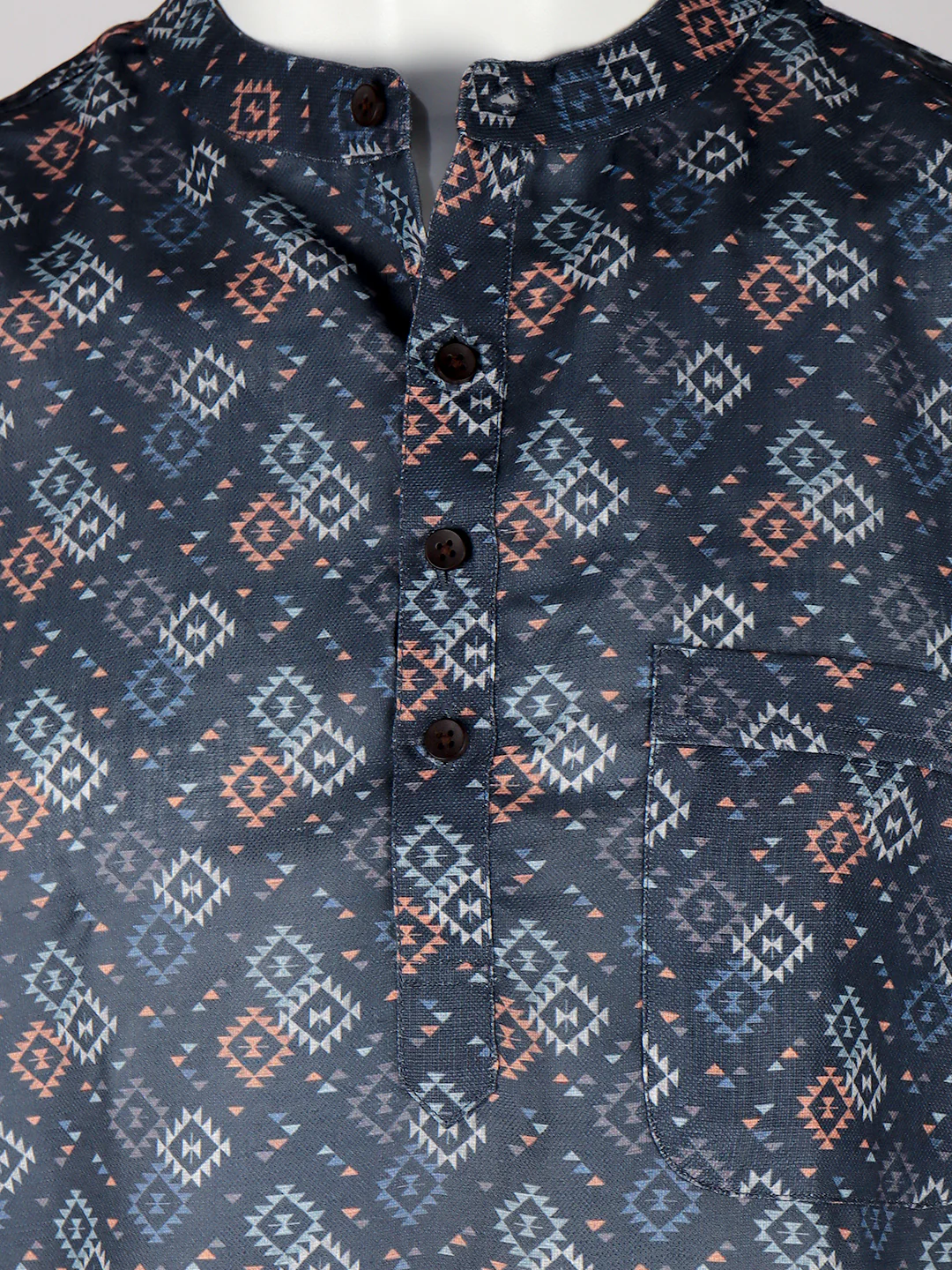 Men Cotton Short Length Printed Pocket Kurta Cadet Grey RI03 - Image 2
