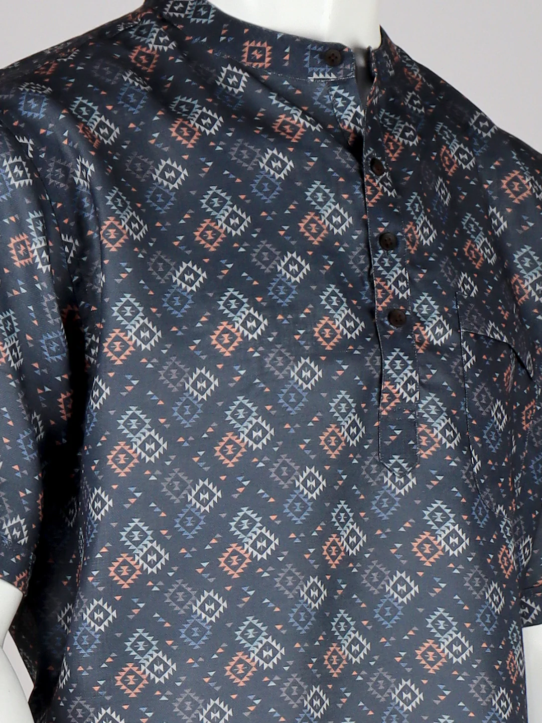 Men Cotton Short Length Printed Pocket Kurta Cadet Grey RI03 - Image 3