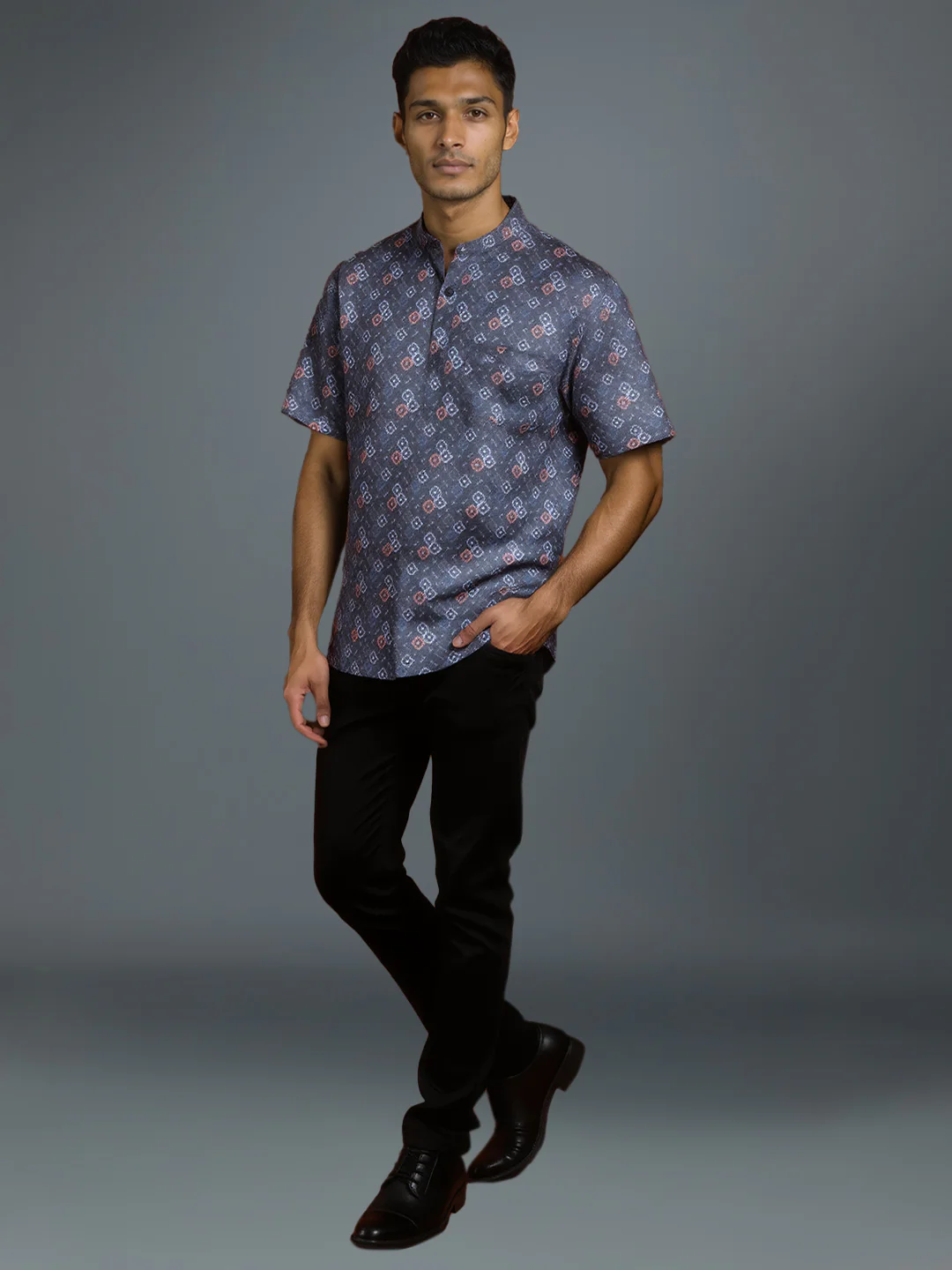 Men Cotton Short Length Printed Pocket Kurta Cadet Grey RI03 - Image 6