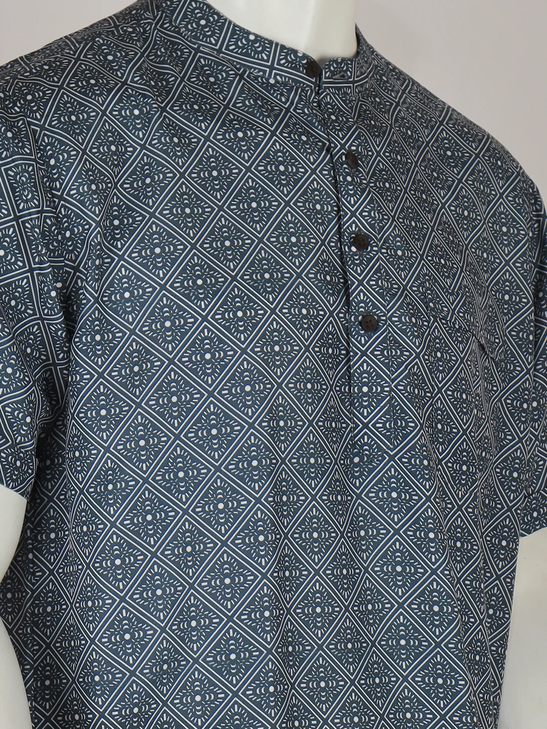 Men Cotton Short Length Printed Pocket Kurta Greyish Blue RH02 - Image 2