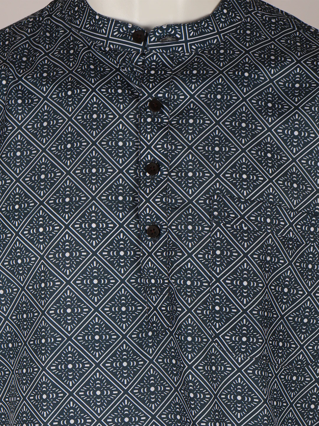Men Cotton Short Length Printed Pocket Kurta Greyish Blue RH02 - Image 4
