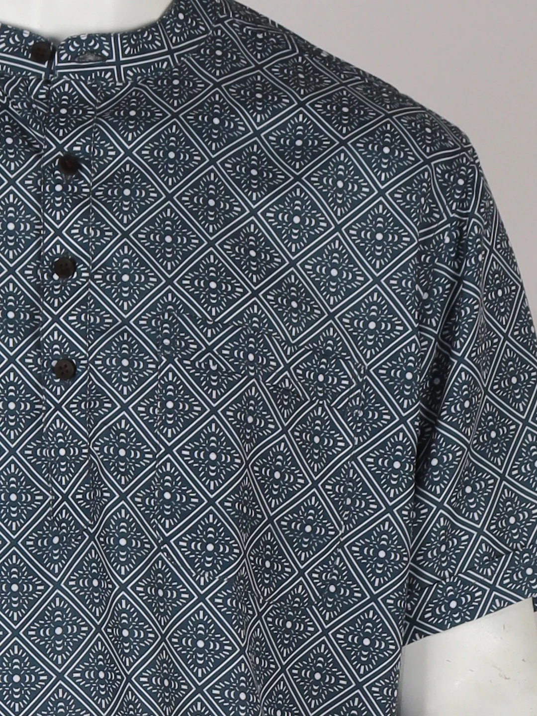 Men Cotton Short Length Printed Pocket Kurta Greyish Blue RH02 - Image 5