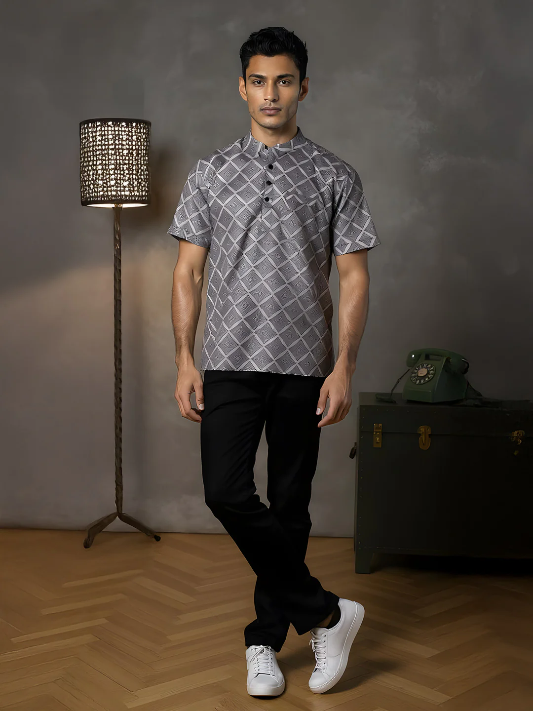 Men Cotton Short Length Printed Pocket Kurta Grey RH10 - Image 5