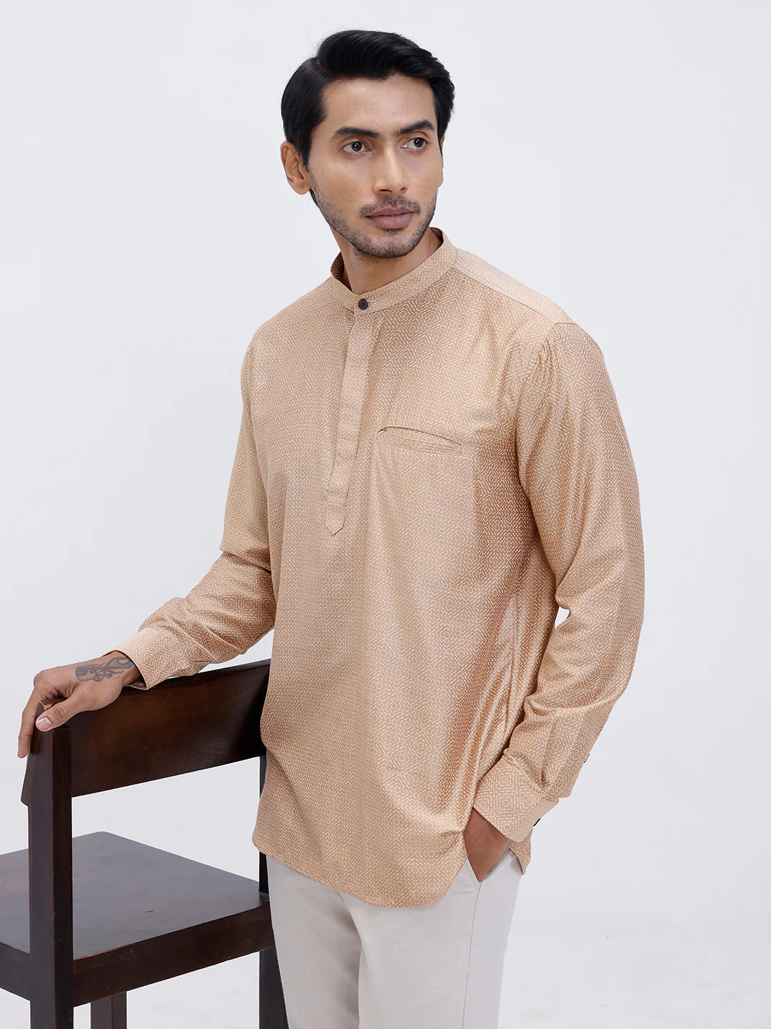 Men Cotton Short Length Printed Pocket Kurta Khaki Beige RL18 - Image 2