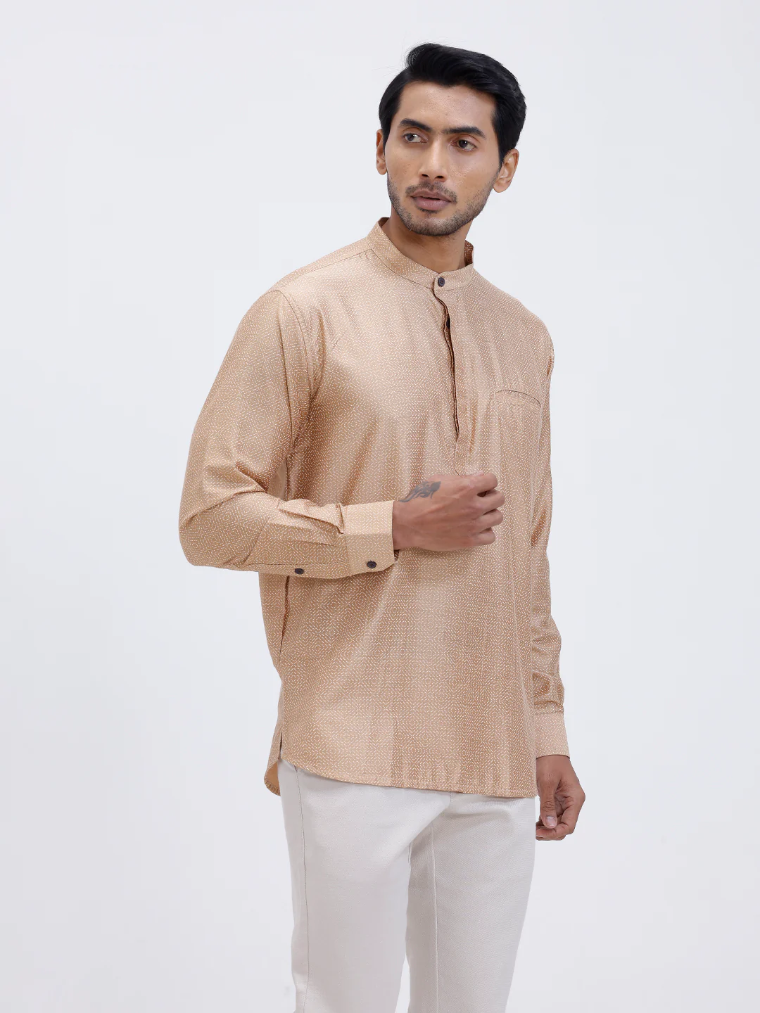 Men Cotton Short Length Printed Pocket Kurta Khaki Beige RL18 - Image 4