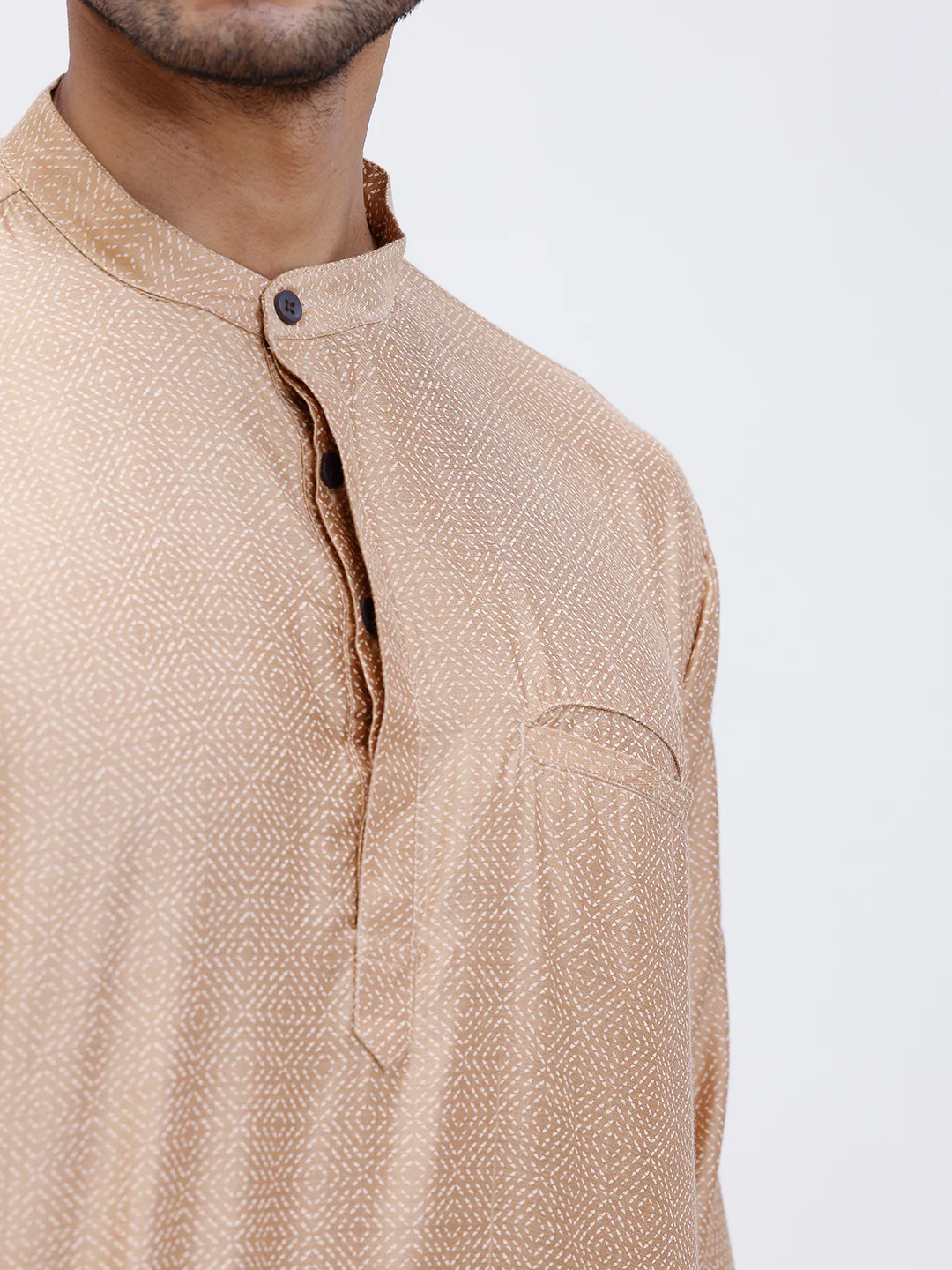 Men Cotton Short Length Printed Pocket Kurta Khaki Beige RL18 - Image 5