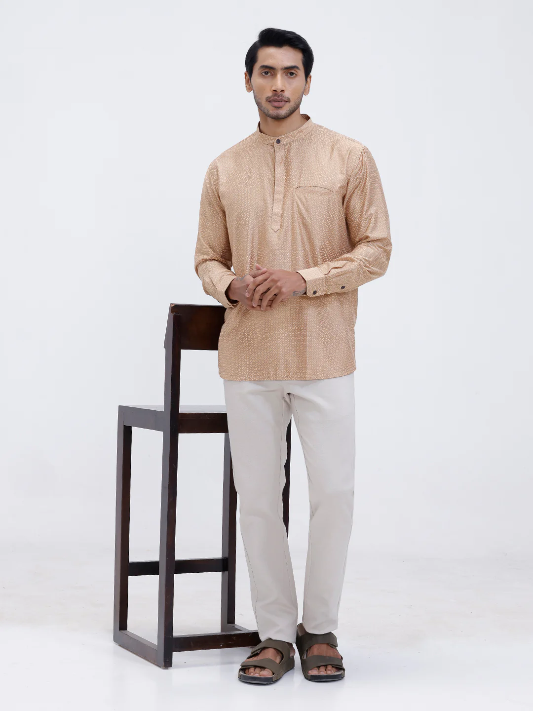 Men Cotton Short Length Printed Pocket Kurta Khaki Beige RL18 - Image 6